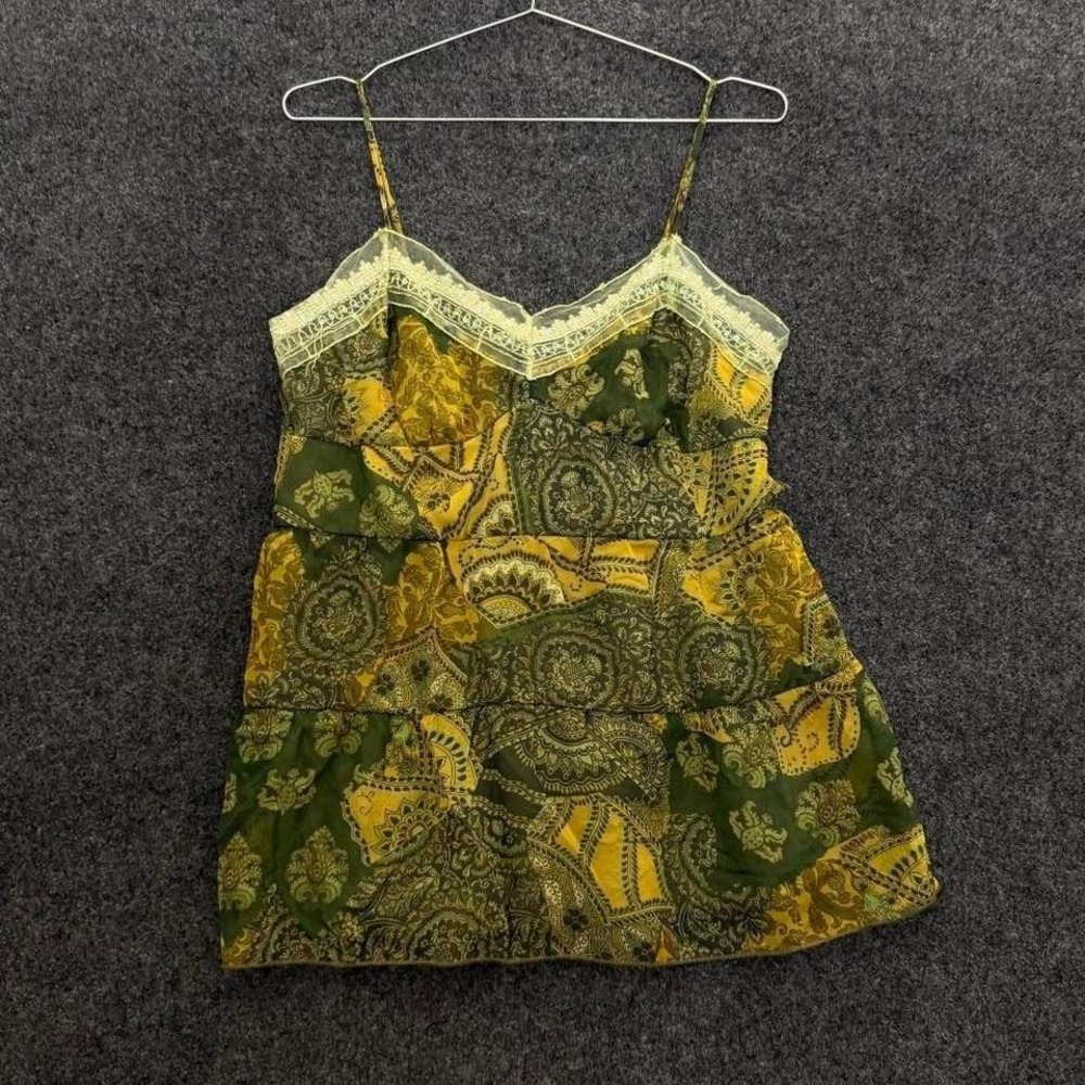 Faith Passion Patchwork Paisley Sequin Lace Cami Top Green Women's Large Y2K